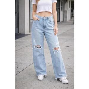 TGla Wide Leg Distressed Jeans 30 Light Wash Raw Hem Y2K Baggy Denim 30x28